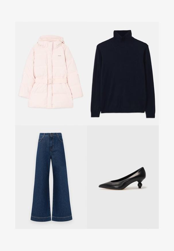 Vadderad rosa jacka med hög krage, justerbar huva, bälte i midjan och diskret logodetalj. Slätt, lättviktigt tyg med kviltad design.; Marinblå polotröja med långa ärmar, tillverkad av mjukt stickat tyg. Har en ribbad krage och mudd, med en enkel design utan mönster.; Bredda blå denimjeans med hög midja, med knappstängning, bältesögglor och subtila sömdetaljer längs fickorna och fållarna.; Svart läderhögklackad sko med spetsig tå och rund, bollformad klack. Slät yta med en elegant, minimalistisk design.