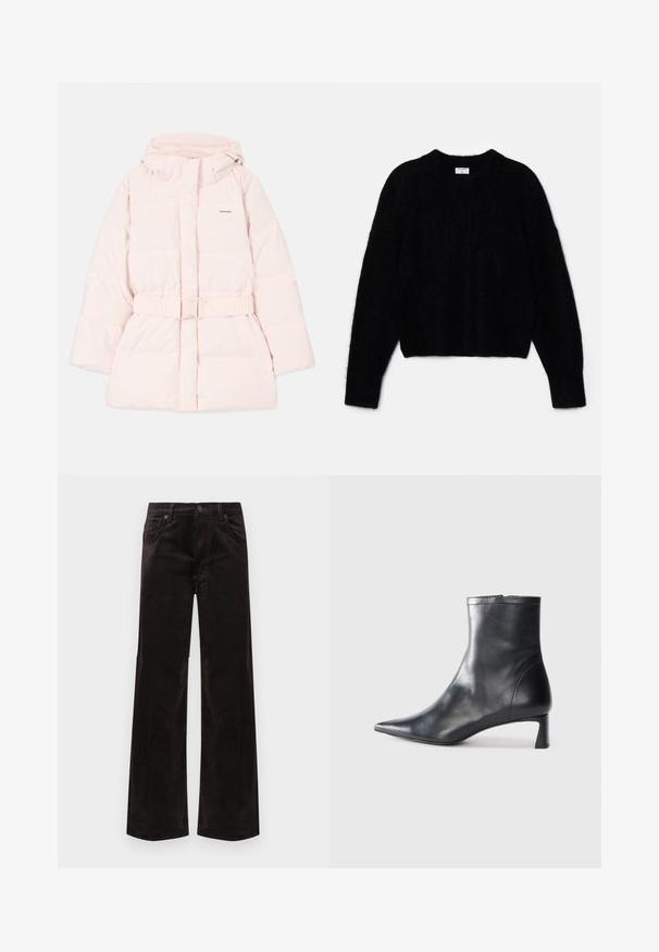 Casaco acolchoado rosa com colarinho alto, capuz ajustável, cintura cingida e detalhe de logotipo subtil. Tecido liso e leve com um design acolchoado.; Sweater preto cropped feito de material fofinho. Apresenta um decote redondo e mangas longas com uma textura suave. Design minimalista, sem padrões.; Calças largas de veludo cotelê pretas com cintura alta, apresentando dois bolsos frontais e fecho com botão. Textura suave com estrias verticais.; Bota de tornozelo em pele preta com biqueira apontada e um design elegante. Apresenta um salto baixo e um fecho com zipper na parte de trás. Textura suave.