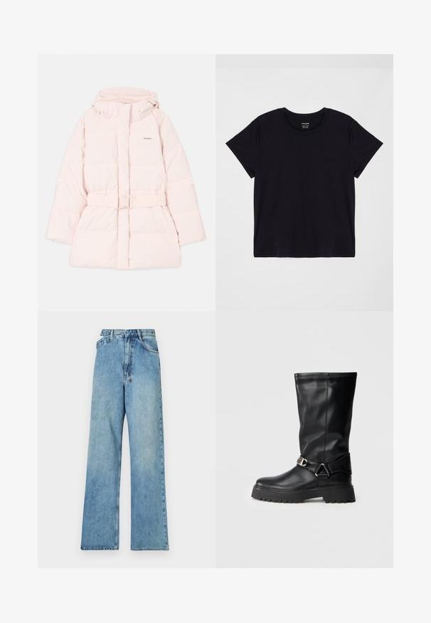Gevoerde roze jas met een hoge kraag, verstelbare capuchon, riem in de taille en subtiele logo-details. Glad, lichtgewicht materiaal met een gewatteerd ontwerp.; Zwarte T-shirt met korte mouwen, gemaakt van zachte katoen. Klassiek ontwerp met ronde hals en een eenvoudige, ongecompliceerde uitstraling met een comfortabele pasvorm.; Lichtblauwe denim wijde broek met een middelhoge taille, vijf zakken en een knoopsluiting met metalen hardware en een vervaagde afwerking.; Zwarte laarzen tot de knie van glad leer, met een gespaccent aan de zijkant en een dikke, textuurgegeven zool voor grip.