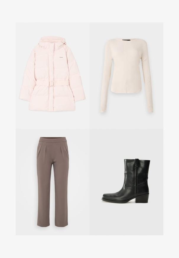 Jachetă roz cu umplutură, cu guler înalt, glugă ajustabilă, talie cu curea și detalii subtile ale logo-ului. Material neted, ușor, cu un design matlasat.; Top cu mânecă lungă, de culoare bej deschis, cu decolteu rotund. Realizat dintr-un material moale, prezintă o cusătură centrală și un tiv ușor curbat. Fără elemente de prindere vizibile.; Pantaloni bej cu croi lejer, talie elastică și pliuri frontale, confecționați dintr-un material neted.; Botine din piele neagră, cu vârf rotund, toc pătrat, fermoar pe lateral și accente de cusături pe partea superioară. Textură netedă, design clasic.