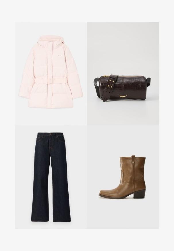 Vadderad rosa jacka med hög krage, justerbar huva, bälte i midjan och diskret logodetalj. Slätt, lättviktigt tyg med kviltad design.; Svart linne med tunna spaghetti-remmar, tillverkat av ett ribbat tyg, med rak skärning och en etikett vid halsringningen som säger "IVY OAK."; Mörkblåa vida jeans i denim, med orangea sömmar, två framfickor och knäppning i midjan.; Brun läderankelsk boot med fyrkantig tå, texturerad yta och låg staplad klack. Har en bakre dragflik och subtila sömnadsdetaljer.; Brun kroko präglat läderväska med cylindrisk form, guldfärgad hårdvara och ett avtagbart band med nitar.