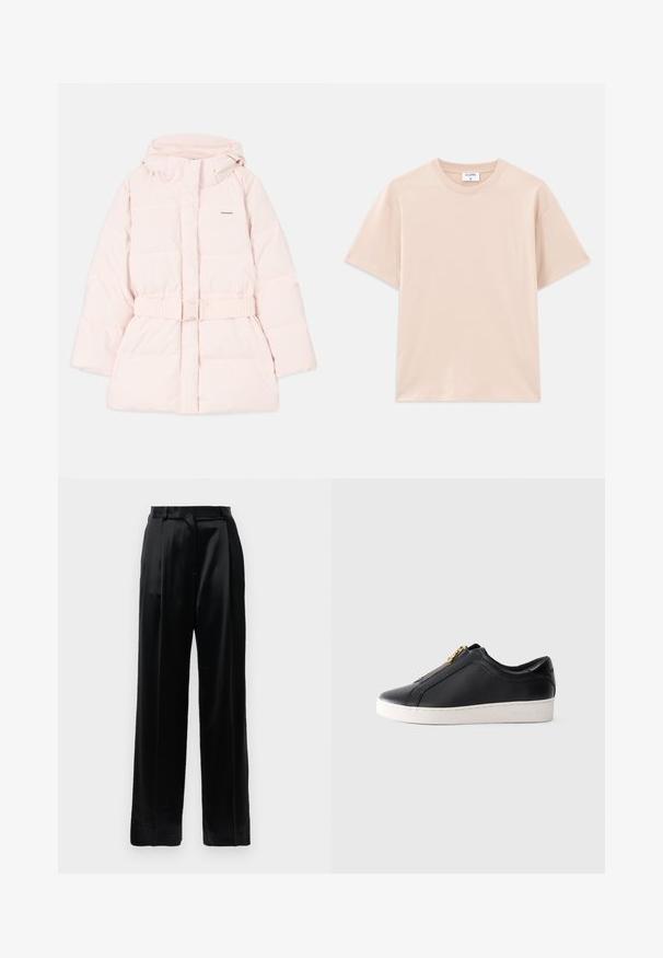 Párnázott rózsaszín kabát magas gallérral, állítható kapucnival, övvel meghúzott derékkal és diszkrét logó részlettel. Simább, könnyű anyag, steppelt mintával.; Rövid ujjú, világos bézs színű póló, puha pamutból készült. Kerek nyakú, laza szabású, egyenes aljjal, minták vagy grafika nélkül.; Fekete magas derekú selyem nadrág, egyenes, széles lábakkal, övhurkokkal és lapos elülső záródással, sima fehér háttér előtt.; Fekete, alacsony bőr tornacipő fehér talppal és arany cipzárral, oldalsó nézet, minimalista stílusú, egyszerű háttéren.