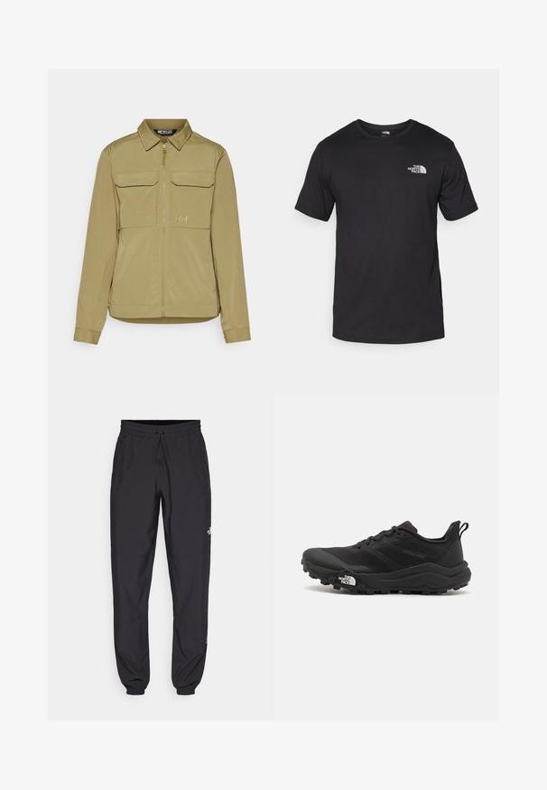 Veste légère couleur kaki avec zip à l'avant, deux poches poitrine, un col et un branding subtil. Tissu lisse avec finition mate et coupe ajustée.; T-shirt noir à manches courtes en coton, avec un col rond et un petit logo blanc sur le côté supérieur gauche de la poitrine.; Pantalon de sport noir en tissu léger, avec une taille à cordon, des poches latérales et des chevilles resserrées.; Chaussure de trail running noire avec une tige texturée, semelle en caoutchouc et bout renforcé. Présente un col rembourré et une tirette pour un enfilage facile.
