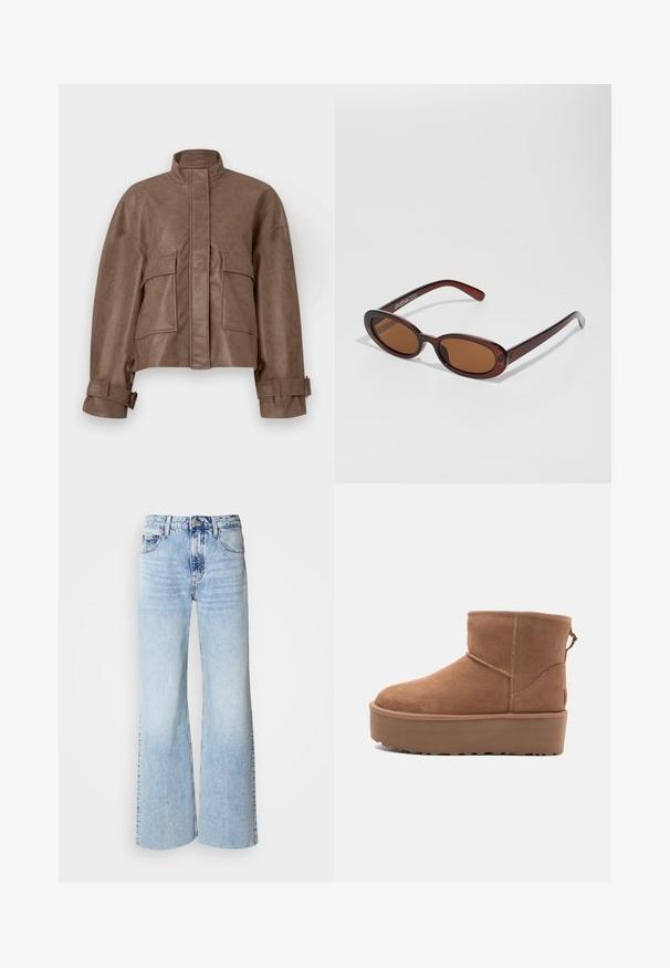 Brown faux leather cropped jacket with a high collar, front zip, two large chest pockets, and adjustable cuffs. Smooth texture and structured design.; Light beige, ribbed knit turtleneck sweater with a relaxed fit, dropped shoulders, and a thick collar. Soft texture, slightly oversized design.; Light blue wide-leg jeans with faded denim texture, high waist, and classic five-pocket design. Features a button and zipper closure.; Tan suede ankle boot with a platform sole, rounded toe, and stitching accents; features a pull tab at the back for easy wear.; Round, brown-tinted sunglasses with a glossy burgundy frame. Slim arms with subtle branding detail. Flat lens design.