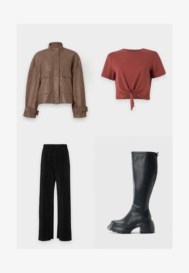 Brun fusk läder kort jacka med hög krage, framzip, två stora bröstfickor och justerbara ärmslut. Slät textur och strukturerad design.; Rostfärgad kortärmad t-shirt i mjuk bomull med knuten detalj framtill. Slät textur, rund halsringning.; Svarta plisserade byxor med resårmidja. Har vida ben och ett mjukt, texturerat material med vertikala ränder.; Höga svarta läderstövlar med kraftig plattformssula och blockklack, med dragflik och strukturerat mönster på yttersulan.