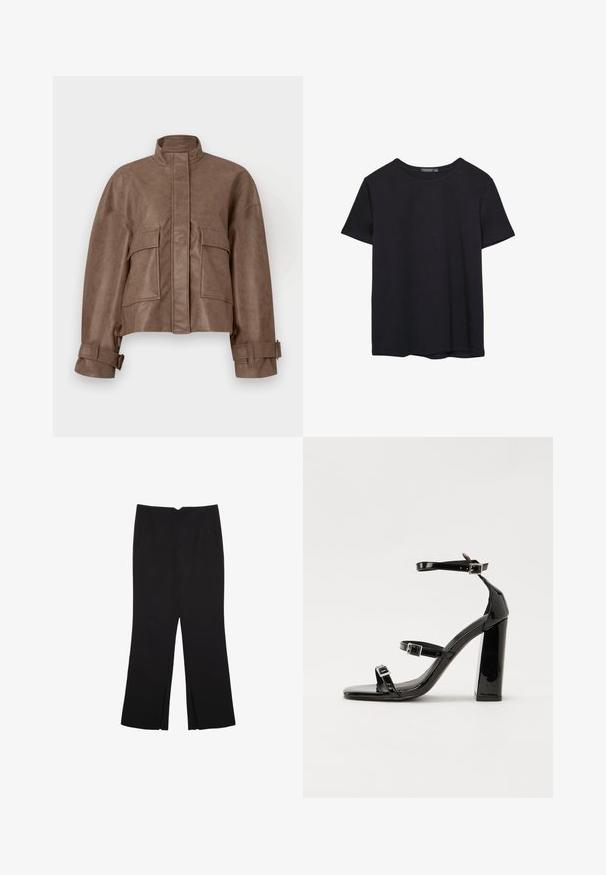Brun faux læder cropped jakke med høj krave, frontlynlås, to store brystlommer og justerbare manchetter. Glat tekstur og struktureret design.; Simpel sort kortærmet bomulds T-shirt med rund hals, præsenteret på en hvid baggrund.; Sorte bukser med lige pasform, der har frontlommer og slidser i kanten. Lavet af blødt, glat stof. Velegnet til forskellige anledninger.; Sorte laklædersandaler med høje hæle, to spænderemme, firkantet tå og en kraftig blokhæl, der har en glat, blank overflade.