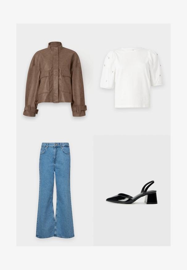Brun fusk läder kort jacka med hög krage, framzip, två stora bröstfickor och justerbara ärmslut. Slät textur och strukturerad design.; Vit bomulls t-shirt med korta puffärmar, prydd med små silverdetaljer längs ärmarna. Klassisk rund halsringning, avslappnad passform.; Ljust blå vida jeans i denim, med hög midja, fem fickor och en enda knappstängning. Mjuk textur med blekt finish.; Svarta lackläder slingback klackar med spetsig tå och geometrisk klack. Har en elegant, minimalistisk design och slät yta.