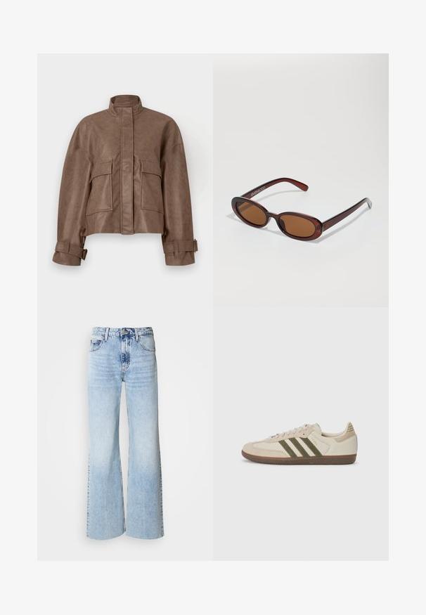 Braune Kunstleder-Cropped-Jacke mit hohem Kragen, Frontreißverschluss, zwei großen Brusttaschen und verstellbaren Bündchen. Glatte Textur und strukturiertes Design.; Weißes Baumwoll-T-Shirt mit lockerem Schnitt, kurzen Ärmeln, Rundhalsausschnitt und ohne sichtbare Muster oder Verzierungen. Glatte Textur.; Helle blaue, weite Jeans mit verblasster Denim-Textur, hoher Taille und klassischem Fünf-Taschen-Design. Mit Knopf- und Reißverschluss.; adidas Originals SAMBA OG UNISEX - Sneaker low - alumina/medium dark khaki/gum; Runde, braun getönte Sonnenbrillen mit einem glänzenden burgunderfarbenen Rahmen. Schlanke Bügel mit dezentem Branding. Flaches Linsendesign.; Karierter Schal in Pastellfarben in verschiedenen Schattierungen von Rosa, Blau und Beige, mit fransigen Kanten und horizontalen Streifen.