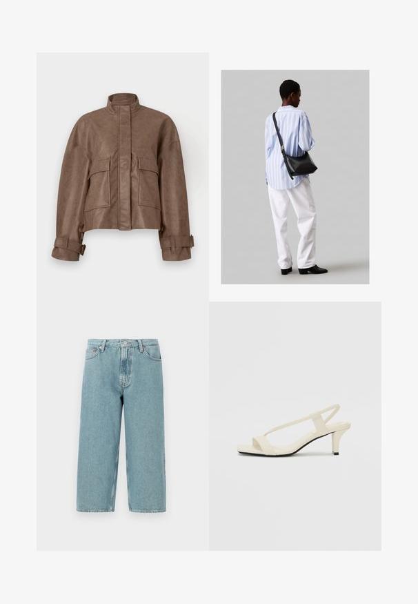 Brązowa kurtka z ekoskóry o kroju cropped, z wysokim kołnierzem, zamek błyskawiczny z przodu, dwie duże kieszenie na klatce piersiowej oraz regulowane mankiety. Gładka tekstura i zarysowany design.; Biała, krótka koszulka z szerokimi rękawami, wykonana z miękkiej bawełny, okrągły dekolt z delikatnym pomarańczowym wykończeniem, minimalistyczny design, bez wzorów i grafik.; Jasnoniebieskie szorty dżinsowe z wysokim stanem, prostym krojem i surowym wykończeniem. Posiadają klasyczne zapięcie na guzik i zamek błyskawiczny oraz cztery kieszenie.; Beżowe sandały na blokowym obcasie z cienkimi ramiączkami i kwadratowym noskiem. Gładki materiał z minimalną ilością detali, zaprojektowane z myślą o łatwym zakładaniu.; Czarna skórzana torba na ramię o miękkiej fakturze, w kształcie trójkąta, z regulowanym paskiem, połączona z jasnoniebieską koszulą w paski i białymi spodniami.