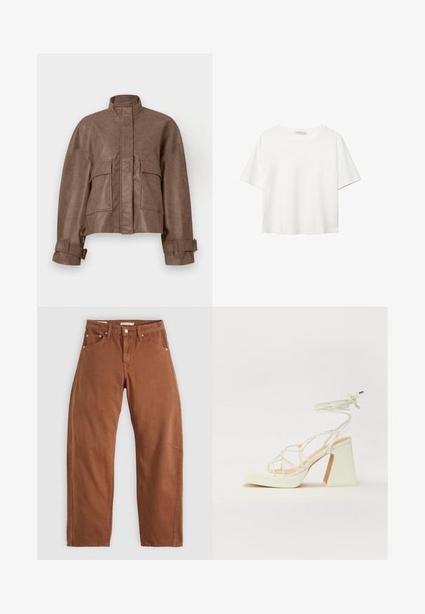 Braune Kunstleder-Cropped-Jacke mit hohem Kragen, Frontreißverschluss, zwei großen Brusttaschen und verstellbaren Bündchen. Glatte Textur und strukturiertes Design.; Weißes T-Shirt mit kurzen Ärmeln aus Baumwolle. Hat einen Rundhalsausschnitt und eine lockere Passform. Glatte Textur ohne sichtbare Muster oder Akzente.; Rostbraune gerade geschnittene Jeans mit Vorder- und Hintertaschen, Metallnieten, Knopfverschluss und Gürtelschlaufen, flach auf einem weißen Hintergrund ausgelegt.; Weiße High-Heel-Sandale mit einem klobigen Absatz, die über ein Riemchendesign und ein Knöchelband verfügt. Glatte Textur mit einer Plattform vorne für zusätzliche Höhe.