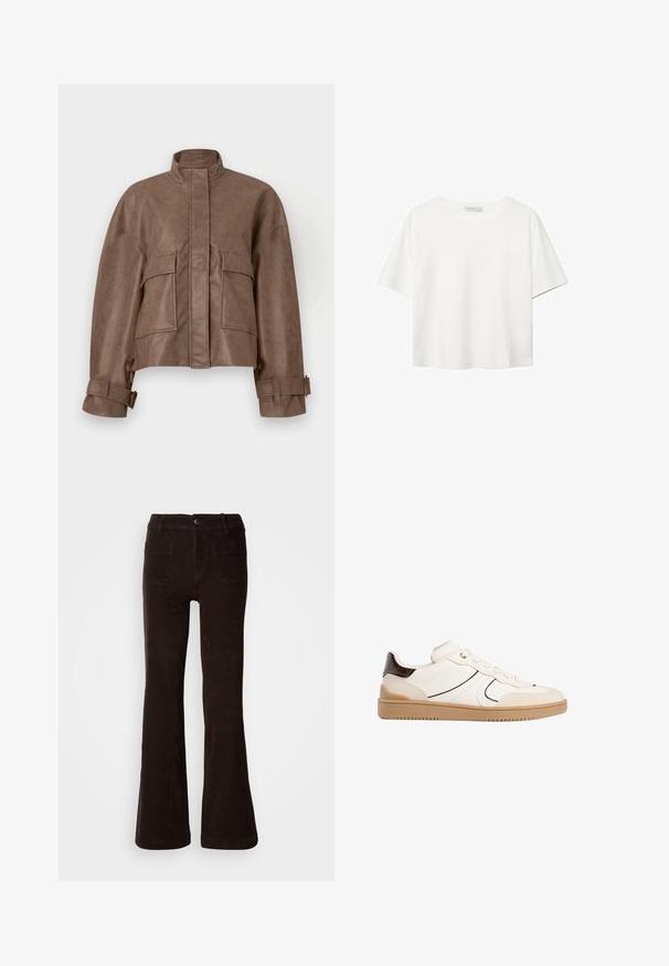 Brun faux læder cropped jakke med høj krave, frontlynlås, to store brystlommer og justerbare manchetter. Glat tekstur og struktureret design.; Hvid kortærmet t-shirt lavet af bomuld. Har en rund halsudskæring og en afslappet pasform. Glat tekstur uden synlige mønstre eller detaljer.; Brune fløjlsbukser med vidde og tekstureret finish, der har lukkeknap foran, bæltestropper og to baglommer.; Stradivarius Sneakers - white