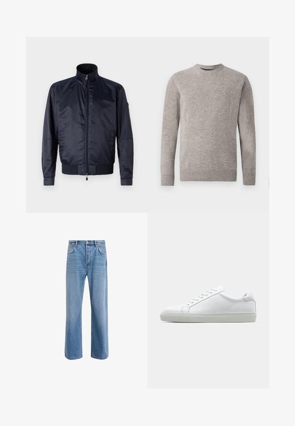 Námořnická modrá bunda na zip s vysokým límcem, texturovaným povrchem, elastickými manžetami a páskem; obsahuje boční kapsy a jemný branding.; Svetle šedý pletený svetr s kulatým výstřihem, dlouhými rukávy a žebrovanými manžetami a lemem. Texturovaný vzor s barevnými skvrnami.; Světle modré džínové kalhoty s rovnými nohavicemi, pěti kapsami, zapínáním na knoflík, minimálním vyblednutím a kontrastním prošitím.; Bílé tenisky s hladkým koženým svrškem a nízkým profilem. Mají zaoblenou špičku, šest nýtů a texturovanou gumovou podrážku.