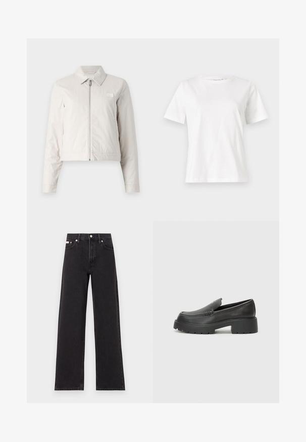 Kerge hall lühendatud jakk, mis on valmistatud kerge kangaga, esifliisiga, terava krae ja väikese logo plaadiga rinnal.; Valge puuvillane T-särk lühikeste varrukatega, ümmarguse kaelusega ja vabalt istuv. Sile tekstuur, ilma mustrite ja aktsentideta, minimalistik disain.; Mustad laiad mustad teksad, millel on kõrge vöökoht, viie tasku stiil ja metallist nööpkinnitus kontrastsete õmblustega.; Mustad nahast loafers ümarate varvastega, paksu tekstuuriga tald ja minimaalsete õmbluse detailidega. Viimistletud disain, kus pole nähtavaid paelu ega riistu.