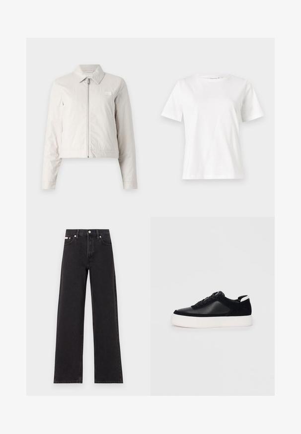 Jachetă scurtă gri deschis, confecționată dintr-un material ușor, cu închidere frontală cu fermoar, guler ascuțit și un patch mic cu logo pe piept.; Tricou alb din bumbac cu mâneci scurte, guler rotund și o croială relaxată. Textură netedă, fără imprimeuri sau accente, design minimalist.; Jeanși negri cu picioare largi, fabricați din denim, cu talie înaltă, stil cu cinci buzunare și închidere cu nasture metalic, cu cusături contrastante.; Sneaker negru cu piele netedă și panouri din întăritură, șireturi plate, vârf rotund și talpă din cauciuc alb. Logo distinct pe călcâi.