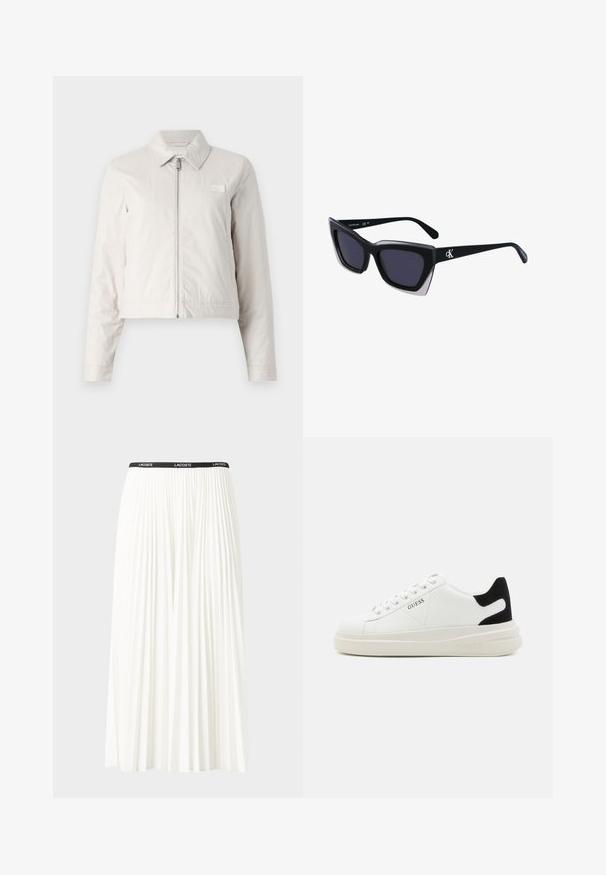 Lys grå cropped jakke lavet af letvægtsstof, med lynlåslukning foran, spidse kraver og et lille logo-patch på brystet.; T-shirt i bomuld med vandrette marineblå striber på en hvid baggrund. "Tommy Hilfiger" broderet i kursiv på brystet. Rund hals.; Plisseret hvid nederdel med en sort elastisk talje, der har "LACOSTE"-logoet. Mellemlang design med blød tekstur.; Hvide lædersneakers med en tyk hvid sål, sort ruskindhælvægt og prægede logoer på siden. Snørebåndsdesign med seks øjer.; Store sorte oversized solbriller med geometrisk form, med mørke linser og en kontrasterende grå detalje på stellet. Logo på armen.