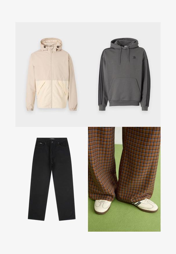 Beige leichte Jacke mit Kapuze, die ein zweifarbiges Design mit einem cremefarbenen unteren Abschnitt, elastischen Bündchen und einem Reißverschluss auf der Vorderseite aufweist.; Grauer Kapuzenpullover mit Kängurutasche, schwarzem Adidas-Logo und schwarzen Drei-Streifen-Akzenten an den Ärmeln. Hergestellt aus weichem, strukturiertem Stoff.; Schwarze gerade geschnittene Jeans mit vorderem Knopf und Reißverschluss, Gürtelschlaufen und Fünf-Taschen-Design, auf einem weißen Hintergrund flach ausgelegt.; Braun und blaue Karohosen mit weitem Bein, kombiniert mit weißen Schuhen mit schwarzen Akzenten und strukturierten Sohlen, vor einem grünen Hintergrund.