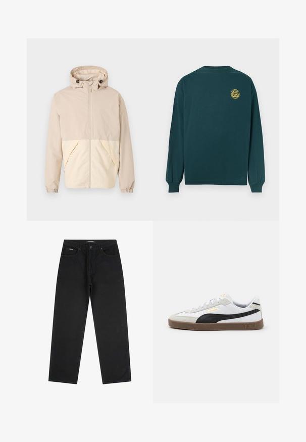 Chaqueta ligera beige con capucha, que presenta un diseño bicolor con una parte inferior crema, puños elásticos y cierre frontal.; Camisa de manga larga de algodón verde oscuro con cuello redondo, que presenta un emblema amarillo en la parte superior de la espalda. Corte simple y relajado.; Jeans negros de pierna recta con botón y cremallera en la parte frontal, pasadores para cinturón y diseño de cinco bolsillos, colocados en plano sobre un fondo blanco.; Zapatilla de piel blanca con acento de ante negro, puntera redonda, suela plana de goma marrón y logo dorado en relieve en el lateral. Cordones y cuello acolchado.