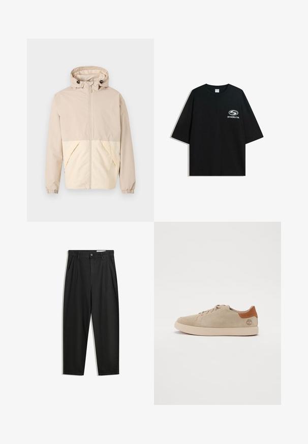Beige letvægtsjakke med hætte, der har et tofarvet design med en cremet nederste del, elastiske manchetter og en frontlynlås.; Sort oversized bomulds t-shirt med rund halsudskæring og korte ærmer, med et hvidt "Shibuya" logo trykt på forsiden.; Sorte bomuldsbukser med en afslappet pasform, der har en klassisk talje, frontfolder og sidelommer. Glat tekstur uden mønstre.; Beige ruskind sneakers med et syet design, lys gummisål og brune læderdetaljer på hælen og logoet.