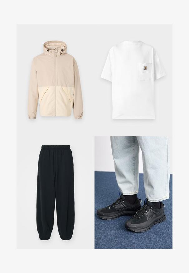 Bežová ľahká bunda s kapucňou, ktorá má dvojfarebný dizajn s krémovou dolnou časťou, elastickými manžetami a predným zipsom.; Biele bavlnené tričko s okrúhlym výstrihom, krátkymi rukávmi a náprsníkovou vreckom s logom. Minimalistický dizajn a bezšvová textúra.; Čierne tepláky s elastickým pásom, vo voľnom strihu, s manžetami na členkoch, hladkej textúry a bez viditeľných vzorov alebo kovových doplnkov.; Čierne športové topánky s textúrovanou tkaninou a gumovou podrážkou, so elastickými šnúrkami a modrým akcentom na päte. Nosia sa s svetlými riflami.