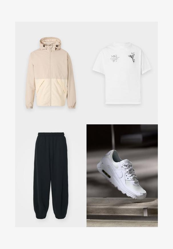 Beige lightweight jacket with a hood, featuring a dual-tone design with a cream lower section, elastic cuffs, and a front zipper.; White cotton t-shirt featuring a black graphic print of a winged figure and text, with a crew neck and short sleeves.; Black, elasticated-waist sweatpants with a loose fit, cuffed ankles, smooth texture, and no visible patterns or hardware accents.; White Nike Air Max 90 sneaker featuring a mesh and leather upper, perforated toe box, and a visible air unit in the heel.