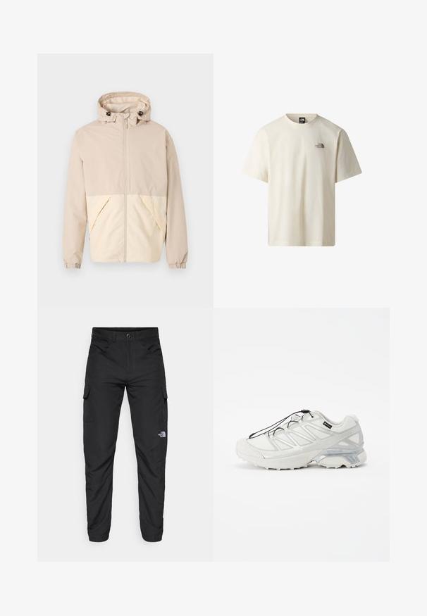 Beige lichtgewicht jack met een capuchon, met een tweeëndelige ontwerp met een crèmekleurig onderste gedeelte, elastische manchetten en een voorrits.; Off-white T-shirt met korte mouwen en een ronde hals, met een klein donker 'The North Face' logo op de linkerborst.; The North Face HORIZON PANT - Outdoorbroeken - black; Witte sportieve schoen met een textuur van gaas bovenwerk, reflecterende accenten en een gevoerde zool. Voorzien van elastische veters en grijze details.