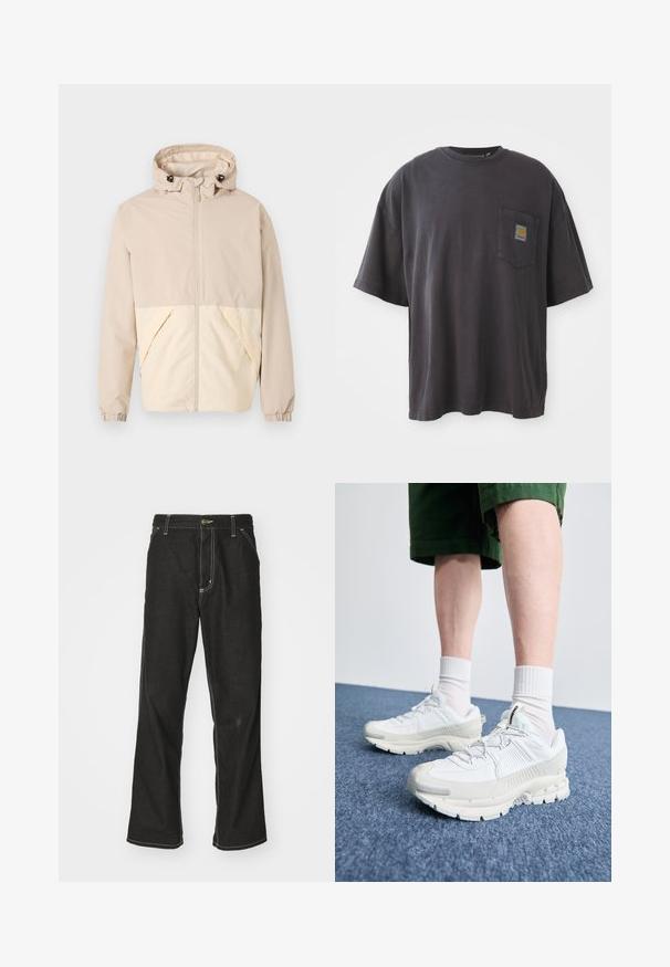 Veste légère beige avec capuche, présentant un design bicolore avec une partie inférieure crème, des poignets élastiques et une fermeture éclair à l'avant.; T-shirt en coton noir à manches courtes, col rond et poche sur la poitrine gauche avec un patch logo carré. Design simple et sans ornement.; Jean en denim noir avec une coupe ample, comportant des coutures blanches contrastantes, une fermeture à bouton et un design à jambes droites.; Des chaussures de sport blanches avec des superpositions texturées, une semelle épaisse et des accents gris. Portées avec des chaussettes blanches et des shorts verts sur une surface bleue.