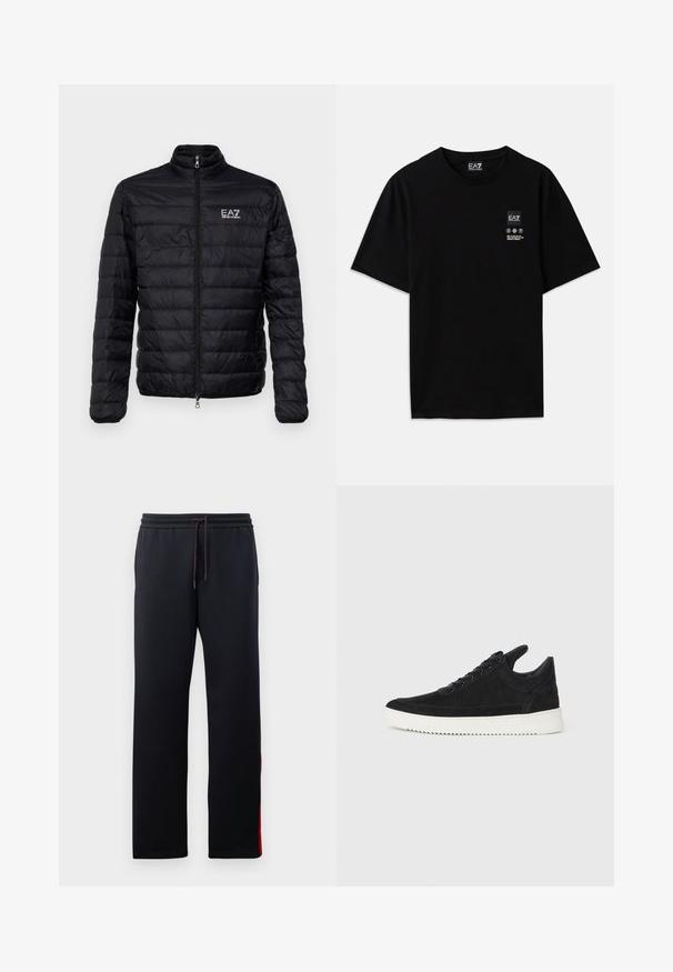 Podstavljena crna jakna s visokim ovratnikom, prednjim patentnim zatvaračem i EAZ logom na lijevoj strani prsnog koša. Ima horizontalni kviltani dizajn i glatku teksturu.; Crna pamučna majica s kratkim rukavima, okruglim izrezom i malom oznakom logotipa sprijeda koja sadrži simbole za njegu u bijeloj boji.; Crne trenirke s remenom za podešavanje u struku, uskim nogavicama i crvenim akcentnim prugama sa strane. Mekana, rastezljiva tkanina s glatkom teksturom.; Crne nubuk tenisice s bijelim gumenim potplatom, s toniranim šavovima i dizajnom vezanja. Glatka tekstura s modernim, strujnim oblikom.