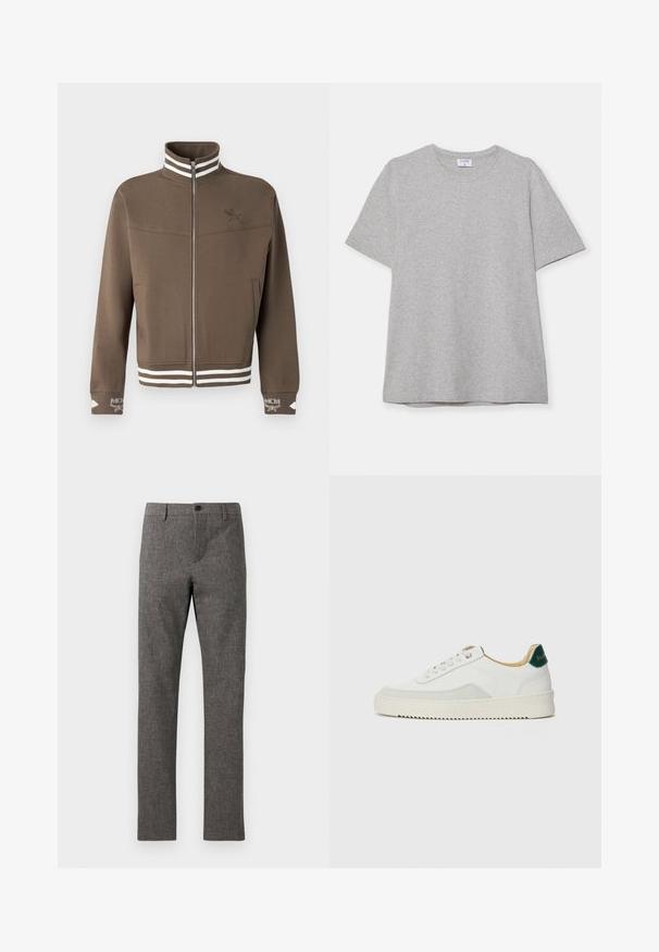 Casaco castanho com fecho éclair, colarinho e barra com riscas brancas, logótipo bordado no peito e punhos, e bolsos laterais.; T-shirt cinza de mangas curtas feito de um tecido macio e texturizado. Possui um colarinho clássico redondo e uma bainha reta, adequado para uso casual.; Calças cinzas de fato em um tecido texturizado e tecido. Corte ajustado com frente plana, fecho de correr e botão único. Não há bolsos adicionais visíveis.; Tênis brancos com detalhes em camurça, bico arredondado, atacadores planos e sola de borracha creme. Apresenta uma marcação verde no calcanhar.