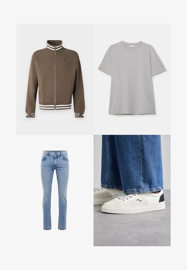 Jachetă cu fermoar de culoare maronie, cu guler și tiv în dungi albe, logo brodat pe piept și manșete, și buzunare laterale.; T-shirt scurt gri, fabricat dintr-un material moale și texturat. Dispune de un guler clasic și o margine dreaptă, fiind potrivit pentru purtarea zilnică.; Jeans din denim bleu deschis, cu o taietura slim, cinci buzunare si un design cu picioare drepte. Dispune de un fermoar si bucle pentru curea. Textura moale.; Adidași albi și negri, cu un superior din piele netedă, accente texturate și o talpă albă groasă. Prezintă un design clasic cu șireturi.