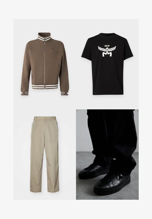 Brown zip-up jacket with white striped collar and hem, embroidered logo on chest and cuffs, and side pockets.; Black cotton t-shirt with short sleeves, featuring a large white MCM logo and laurel design on the front. Classic crew neck.; Beige lightweight pants with a relaxed fit, featuring an elastic waistband and side pockets. The fabric appears textured and slightly crinkled.; Black leather sneakers with textured patterns, featuring a rubber sole and round toe. Laces are black, complementing the shoe’s dark design.