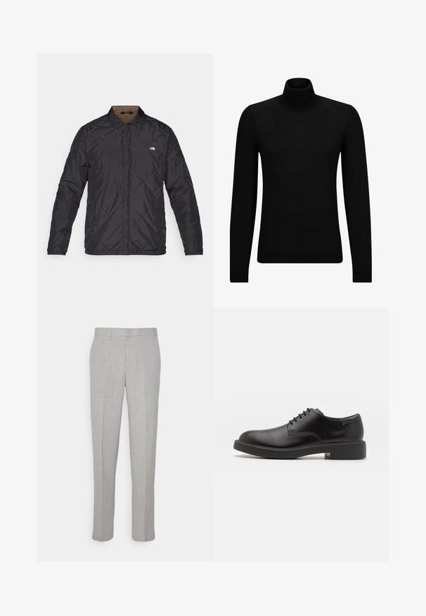 The North Face AFTERBURNER INSULATED - Μπουφάν εξωτερικού χώρου - black/smokey brown; Μαύρο πουλόβερ σταυρωτό λαιμό, φτιαγμένο από μαλακό υλικό, με μακριά μανίκια και εφαρμοστή γραμμή. Ριγωτή λεπτομέρεια στο τελείωμα και στους καρπούς. Απλός σχεδιασμός.; Ανοιχτό γκρι παντελόνια με λεία υφή, επίπεδο μπροστινό μέρος και ίσιες γραμμές. Κατασκευασμένα από αναπνεύσιμο ύφασμα, διαθέτουν εσωτερικές τσέπες και θηλιές για ζώνη.; Μαύρο δερμάτινο παπούτσι με κορδόνια, με στρογγυλή μύτη, λεία υφή, ελάχιστη ραφή και χαμηλή καουτσούκ σόλα. Λογότυπο στη σόλα.