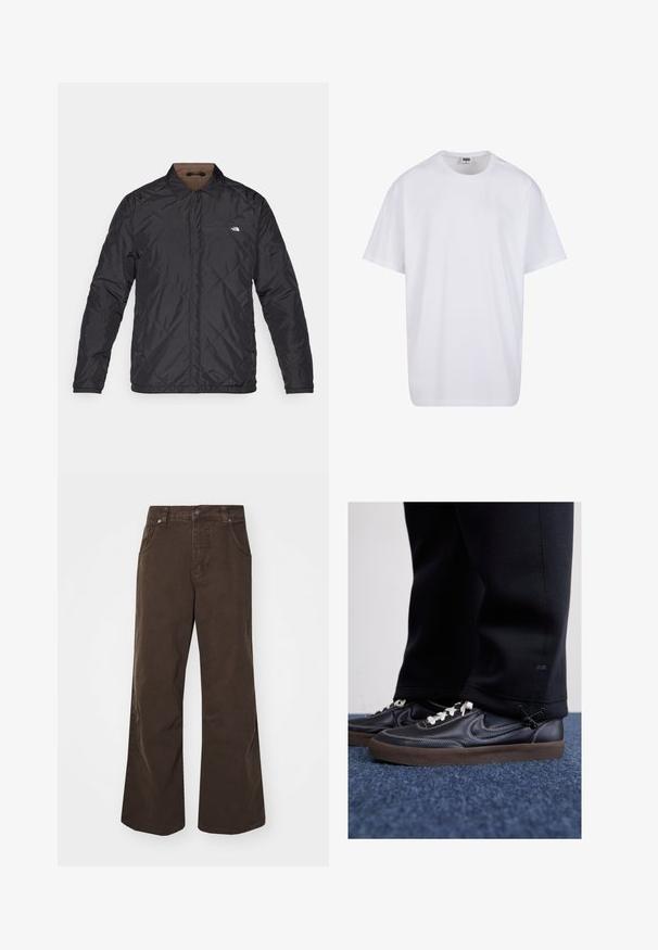 The North Face AFTERBURNER INSULATED - Szabadtéri dzseki - black/smokey brown; Fehér pamut póló rövid ujjal, kerek nyakú, laza szabású, és nincsenek látható logók vagy minták. Simább textúra és minimalista dizájn.; Barna, bő szárú nadrág, pamutból készült, magas derékkal, elülső zsebekkel és sima textúrával. A kivitelezés finom varrási részleteket tartalmaz.; Nike Sportswear KILLSHOT 2 LTR PRM OPP2 - Sportcipő - black sail baroque brown mtlc dk grey