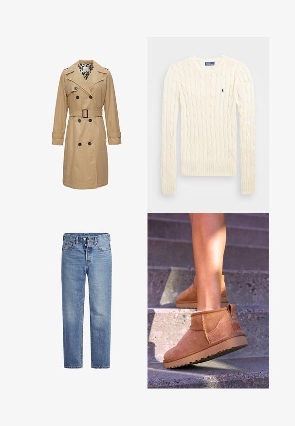 Bež plašč z dvojnimi gumbi, širokimi ovratniki, pasom v pasu in podlogo v leopardjem vzorcu. Ima dolge rokave in žepke s poklopcem.; Krem pulover s kablom in dolgimi rokavi, žebljarji na manšetah in ob robu, vsebuje majhen izvezen logotip na levem prsnem delu.; Svijetloplave traperice ravnog kroja s pet džepova i dugmetom. Imaju suptilno izbljeđivanje i narančaste detalje šavova.; Svetlosive nobuck gležnjarji z mehko teksturo, všitimi detajli in gumijastim podplatom, z zanko na peti za enostavno obuvanje.