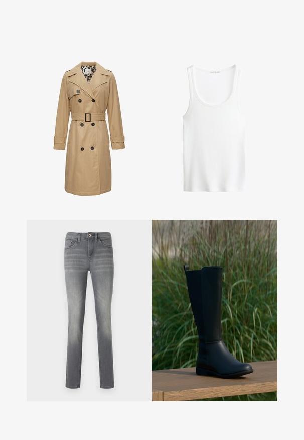 Cappotto beige con bottoni doppi, ampi rever, cintura in vita e fodera a stampa leopardata. Presenta maniche lunghe e tasche a patta.; Top tank bianco a costine con scollatura a barco e spalline larghe. Tessuto morbido e orli cuciti. Design semplice e aderente.; Jeans in denim grigio con una vestibilità slim, caratterizzati da un lavaggio sbiadito, cinque tasche, chiusura con bottone e dettagli di cucitura sottili.; Stivale nero fino al ginocchio in pelle liscia con punta arrotondata e suola piatta. Presenta un design semplice con una linguetta di tiraggio nella parte superiore.