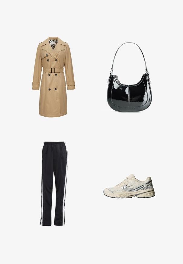 Beige trenchcoat met dubbelzijdige knopen, brede revers, riem om de taille en een voering met leeuwenprint. Heeft lange mouwen en klepzakken.; Witte geribbelde tanktop met een ronde halslijn en brede bandjes. Zachte stoftextuur en gestikte randen. Eenvoudig, getailleerd ontwerp.; Zwarte trainingsbroek met witte zijstrepen, elastische tailleband en een logo-patch. Gemaakt van gladde, lichte stof. Ontwerp met rechte broekspijpen.; Roomkleurige sportschoen met een bovenwerk van mesh, zilverkleurige accenten, en een gestructureerde rubberen zool. Ontworpen voor comfort en stabiliteit.; Zwarte gepatineerde leren handtas met een gebogen ontwerp, ritssluiting en een enkele schouderriem met zilverkleurige hardware en stikselaccenten.