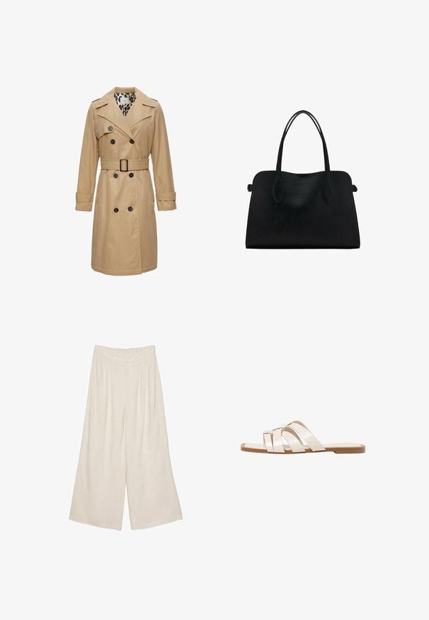 Béžový trench coat s dvouřadovým zapínáním, širokými klopami, páskem v pase a podšívkou s leopardím vzorem. Má dlouhé rukávy a klopové kapsy.; Bílý krátký rukáv tričko vyrobené z bavlny. Má kulatý výstřih a volný střih. Hladký materiál bez viditelných vzorů nebo akcentů.; Lněné kalhoty širokého střihu v světle béžové barvě s nařaseným designem a elastickým pasem pro pohodlí a snadné nošení.; Ploché sandály s hnědou gumovou podrážkou, navržené se třemi překrývajícími se bílými koženými řemínky a malým mašlí uprostřed.; Černá kožená kabelka s dvojitými ramenními popruhy, obdélníkový tvar a minimalistický design na bílém pozadí.