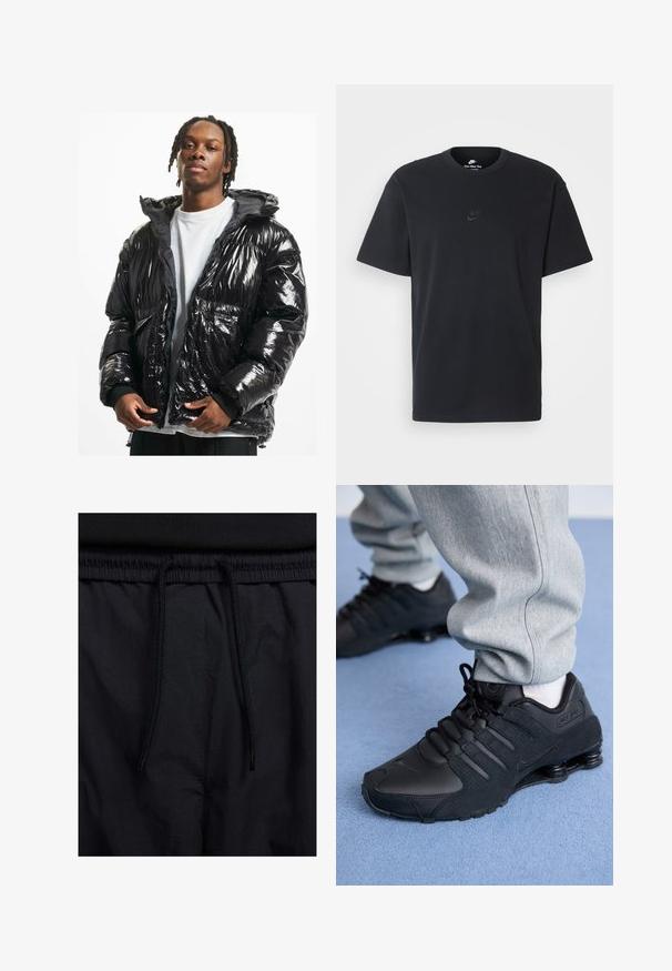 Melnā spīdīgā pūkainā jaka ar kapuci, rāvējslēdzēja aizdare un ribotām piedurknēm. Iezīmēta ar quilted dizainu un divām priekšējām kabatām.; Nike melns kokvilnas T-krekls ar klasisku piegriezumu, īsām piedurknēm un smalku, reljefu logotipu uz krūškurvja. Gluda tekstūra.; Melni šorti ar sašūtu jostu, viegls audums ar gludu tekstūru un vienkāršs dizains bez redzamiem logotipiem vai paraugiem.; Cilvēks valkā melnus Nike Shox sporta apavus un pelēkus sporta bikses, stāvot uz gaiši zilā paklāja.