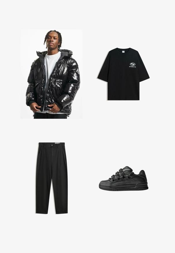 Črna sijoča puhovka s kapuco, z zadrgo in rebrastimi manšeti. Ima quiltn design in dve sprednji žepu.; Črna prevelika bombažna majica z okroglo ovratnico in kratkimi rokavi, z belim logotipom "Shibuya" natisnjenim spredaj.; Črne bombažne hlače s sproščenim krojem, ki vključujejo klasičen pas, sprednje gube in stranske žepke. Gladka tekstura brez vzorcev.; Črne superge z gladkim usnjenim zgornjim delom, teksturiranimi detajli in okroglimi črnimi ter belimi vezalkami. Debel gumijast podplat z vzorčastim profilom.