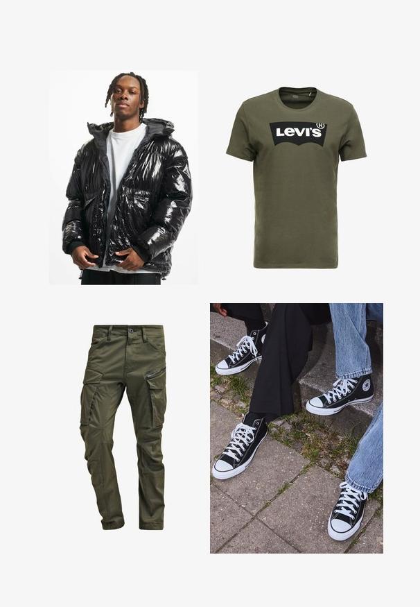 Svart blank pufferjakke med hette, glidelås og ribbestrikkede mansjetter. Har et quiltet design og to frontlommer.; Oliven grønn bomulls t-skjorte med en stor svart Levi's-logo på forsiden. Klassisk crewneck og korte ermer, glatt tekstur.; Olivengrønne cargo-bukser lavet af robust bomuld. Har flere lommer, en lynlåslomme på siden og tætsiddende ben med en let struktureret overflade.; Sorte høyre sneakers i kanvas med hvite gummisåler og snøringer, med et rundt logo på siden og kombinert med denim og sorte bukser.