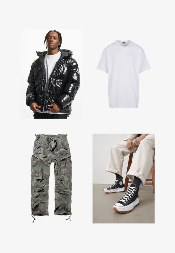 Veste matelassée noire brillante avec capuche, fermeture éclair et poignets côtelés. Présente un design matelassé et deux poches avant.; T-shirt en coton blanc avec des manches courtes, un col rond, une coupe décontractée et sans logos ni motifs visibles. Texture lisse et design minimaliste.; Pantalons cargo camouflage en vert et gris, avec plusieurs poches, une taille élastique, des poignets de cheville ajustables et une coupe décontractée.; Baskets montantes noires avec lacets blancs et embout en caoutchouc. Semelle blanche épaisse avec une semelle extérieure marron texturée, portées avec des chaussettes rayées bleu marine.