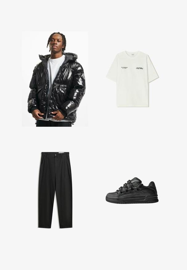 Jachetă puffer neagră, lucioasă, cu glugă, închidere cu fermoar și mansete cu model corset. Prezentă un design quilted și două buzunare frontale.; T-shirt alb din bumbac cu mâneci scurte. Partea din față prezintă text negru: "NU MÂINE NU ASTĂZI" și "ARTA DE A MUDUI" în script verde.; Pantaloni negri din bumbac cu croială lejeră, având un brâu clasic, plii frontale și buzunare laterale. Textură netedă fără modele.; Adidași negri cu o parte superioară din piele netedă, accente texturate și șireturi rotunde negre și albe. Talpă groasă din cauciuc cu un profil texturat.