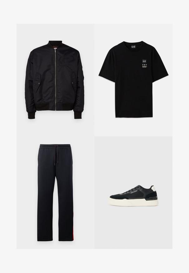 Schwarze Bomberjacke aus glattem Stoff. Mit einem frontalen Reißverschluss, gerippten Bündchen und zwei Seitentaschen. Enthält ein Logodetail auf der Brust.; Schwarzes Baumwoll-T-Shirt mit kurzen Ärmeln, Rundhalsausschnitt und einem kleinen Logo-Tag auf der Vorderseite, das Pflegezeichen in Weiß zeigt.; Schwarze Jogginghose mit Kordelzugbund, schmal zulaufenden Beinen und roten Akzentstreifen an den Seiten. Weicher, elastischer Stoff mit einer glatten Textur.; Schwarze Sneaker aus Mesh und Leder, mit einer dicken weißen Sohle und kontrastierenden Akzenten. Schnürsenkel und Logo-Details an der Seite.