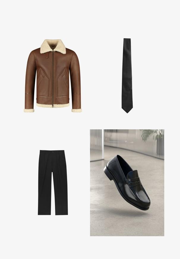 Brun læderjakke med en cremefarvet shearling-krave og manchetter. Har en lynlås-lukning og skrå sidelommer med en glat tekstur.; Hvid langærmet skjorte med knapper lavet af glat stof. Har en klassisk krave, frontknapper og manchetter med en enkelt knap. Slim fit design.; Sorte bukser med lige ben, lavet af et glat stof. Har frontfolder og en enkelt knaplukning i taljen.; Sorte læder loafers med en glat finish, rundet tå, dekorative syninger og en let forhøjet ydersål.; Sort slipsse med en struktureret overflade, smal form og spids ende. Stoffet ser glat ud med et subtilt mønster.; Sorte læderhandsker med en glat tekstur, fem-finger design og subtile syninger. Har en håndledsrem med en metalaccent.
