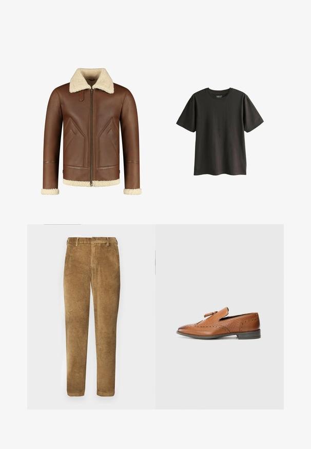 Braune Lederjacke mit einem cremefarbenen Lammfellkragen und -manschetten. Verfügt über einen Reißverschluss und schräg angeschnittene Seitentaschen mit einer glatten Textur.; Dunkelgraues T-Shirt mit kurzen Ärmeln aus Baumwolle. Es hat einen Rundhalsausschnitt und eine lockere Passform, mit einer glatten Textur und ohne sichtbare Muster.; Braune Cordhosen mit vertikal gerippter Textur, geradem Schnitt, Knopfverschluss und Gürtelschlaufen. Glattes Gewebe mit weicher Oberfläche.; Braunes Leder-Schuh mit durchbrochener Dekoration, strukturierten Seiten, flacher Sohle und einer dekorativen Schleife an der Oberseite. Klassisches Design mit einer glatten Oberfläche.