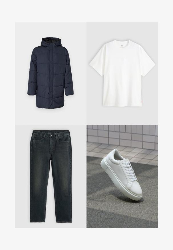 Only & Sons ONSJONAS PUFFER COAT - Ziemas mētelis - dark navy; Balta īslaicīga T-krekla ar īsām piedurknēm, kas izgatavots no kokvilnas, ar apaļu kakla izgriezumu. Priekšpusē ir smalks reljefs ar logotipu un sarkans birka apakšmalā.; Tumši zili džinsi ar taisnu kāju griezumu, ar piecām kabatām, rāvējslēdzēju un kontrastējošām diegvīlēm. Auduma viegla izbalēšana.; Baltas ādas sporta apavi ar gludu virsmu, apaļu pirkstu un plakanām baltām šņorēm. Iezīmējas ar strukturētu gumijas zoli un minimālisma dizaina elementiem.