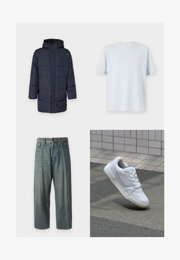 Only & Sons ONSJONAS PUFFER COAT - Geacă - dark navy; Tricou din bumbac de culoare albastru deschis, cu guler rotund și mâneci scurte. Prezintă un mic logo alb în zona stângă a pieptului. Textură netedă.; Jeans din denim bleu deschis, cu o croială lejeră, talie medie și picioare drepte. Au cinci buzunare, bucle pentru curea și închidere cu nasture.; Adidași din piele albă cu părți perforate, accente texturate, șireturi plate și un călcâi gri contrastant. Prezintă o talpă ușor ridicată.