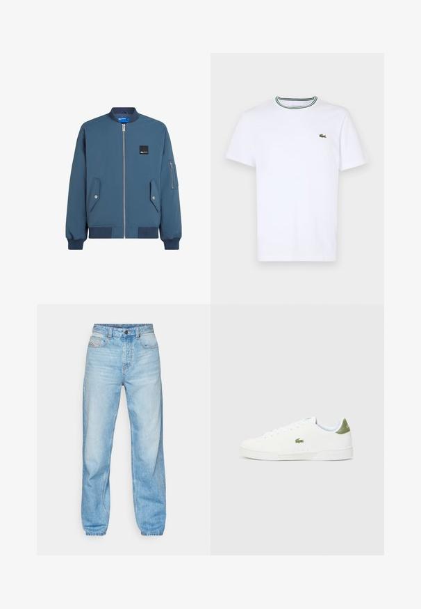 Plava bomberska jakna s patentnim zatvaračem sprijeda, rebrastim manžetama i donjim rubom, dva bočna džepa i dodatni džep sa patentnim zatvaračem na lijevoj rukavu.; Bijela pamučna majica kratkih rukava s rebrastim ovratnikom koja ima zelene i crne pruge; mali zeleni izvezeni logo na lijevoj strani prsnog koša.; Svijetloplave traperice, ravnog kroja, s pet džepova i vidljivim dugmetom na prednjem dijelu, sa kontrastnim šavovima.; Bijele tenisice s glatkom teksturom, s zelenim akcentom na peti i malim izvezenim logotipom krokodila sa strane.