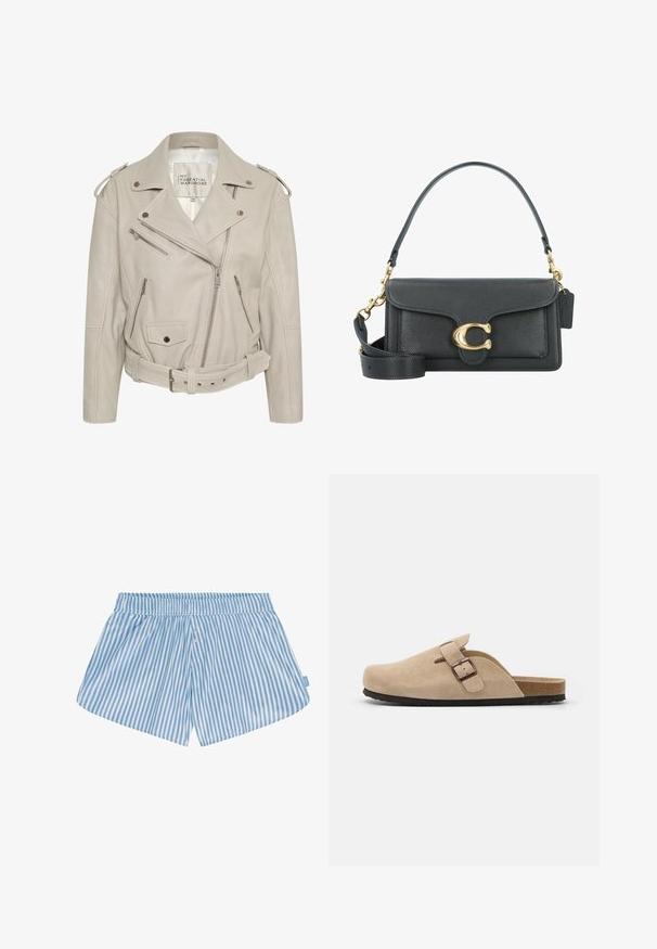 Beige lædermotorcykeljakke med flere lynlåslommer, bælte i taljen og skulderepauleter. Glat tekstur og struktureret design.; Cremefarvet kabelstrikket sweater med lange ærmer, ribbede manchetter og kant, med et lille broderet logo på venstre bryst.; Blå og hvide stribede shorts med elastisk talje, to knapper foran og en afslappet pasform. Stoffet synes glat med en let tekstur.; Beige ruskind klipklapper med rund tå, justerbar spænde og tekstureret gummisål. Minimalistisk design med en korkmellemsål.; Sorte læderhåndtaske med et gyldent hardware-udstyr, der har en signaturlås, en aftagelig skulderrem og en tekstureret overflade.