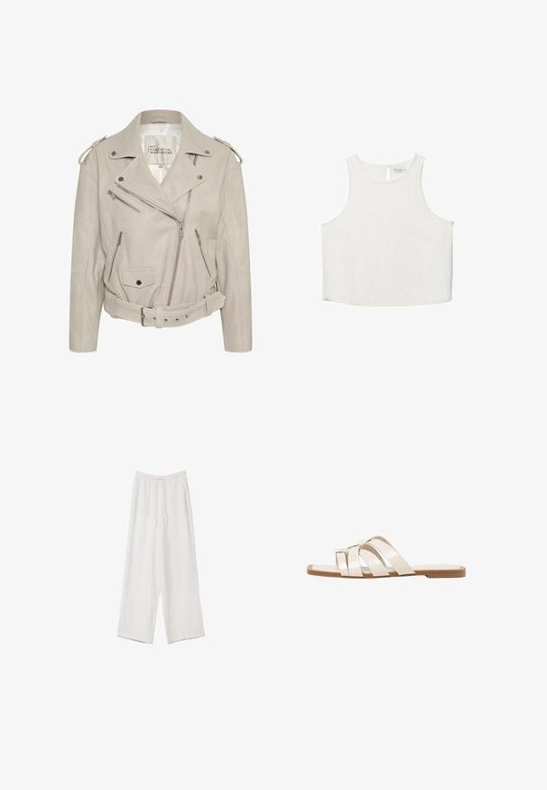 Beige lädermotorcykeljacka med flera fickor med dragkedja, bältesmidja och axelklaffar. Slät textur och strukturerad design.; Vit ärmlös topp med rundad halsringning, featuring en subtil textur, detalj med nyckelhål i ryggen och rak nederkant.; Vita vida byxor i vid passform gjorda av ett lättviktsmaterial. Har en elastisk midja med dragsko och sidofickor. Slät textur.; Platta sandaler med en brun gummisula, designade med tre överlappande vita läderspännen och en liten rosett i mitten.