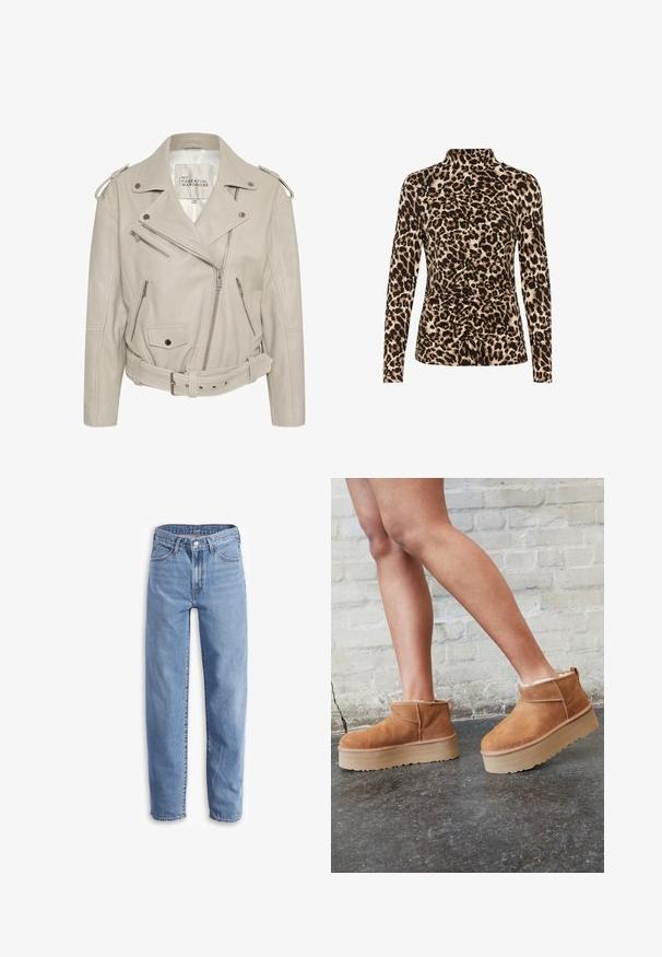 Jachetă de motocicletă din piele bej, cu multiple buzunare cu fermoar, talie cu curea și epoleți pe umeri. Textură netedă și design structurat.; Bluză cu mâneci lungi, cu guler înalt, imprimeu leopard în nuanțe de maro și bej, cu detalii plisate în față pentru a sculpta forma.; Jeans de culoare albastru deschis, din denim, cu o croială lejeră, picior drept, design cu cinci buzunare și margini desfăcute pentru un aspect casual.; Botine din suede maro, cu căptușeală moale, talpă platformă groasă de culoare bej și sistem de prindere în partea din spate. Suprafață texturată cu detalii de cusătură vizibile.
